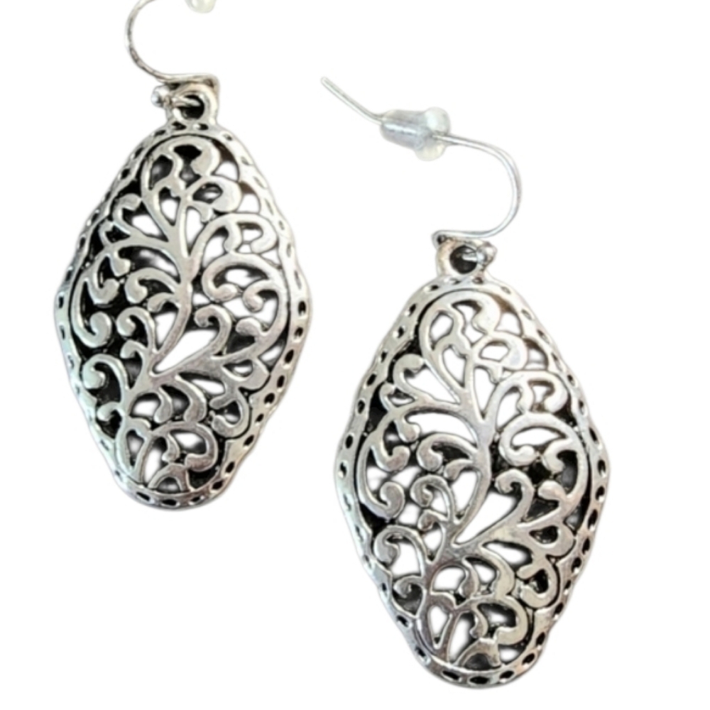 Silvertone Filigree Scrollwork Earrings